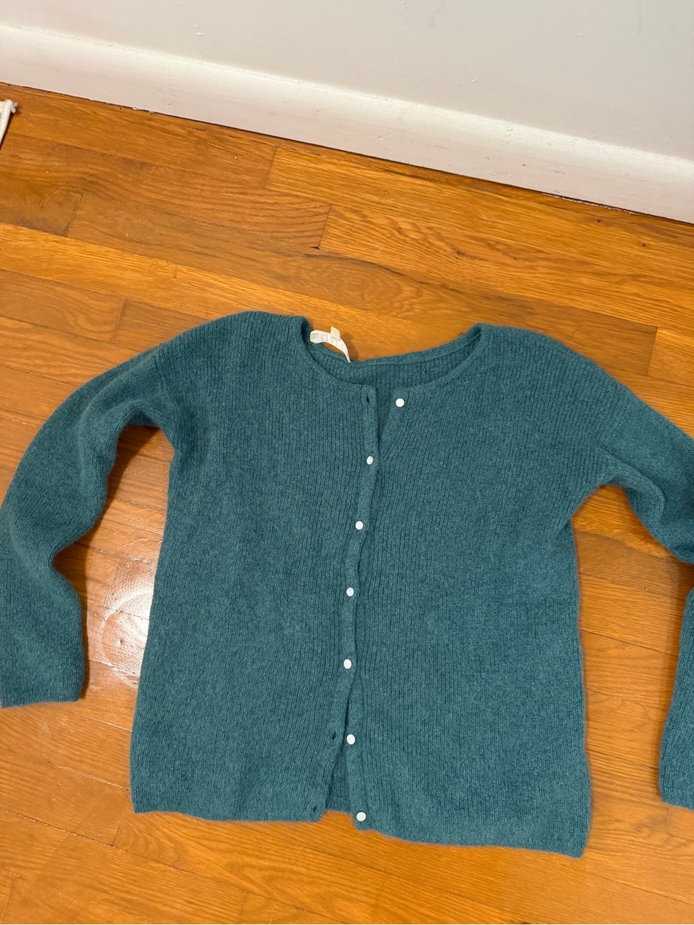 Sezane Teal Crewneck Button-Front Cardigan